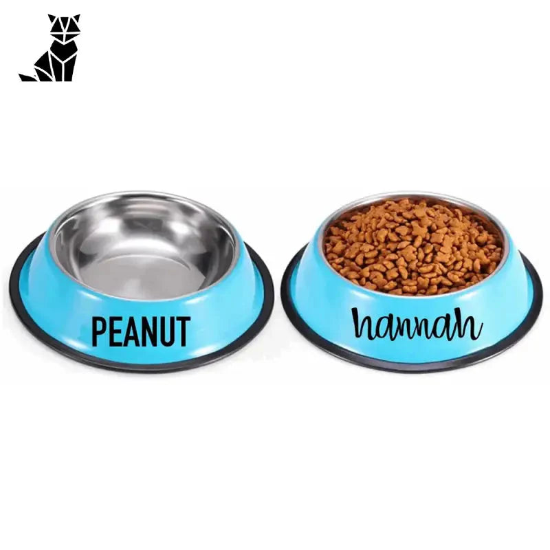 Deux bols en acier inoxydable durable avec inscription ’peanut’ pour chat